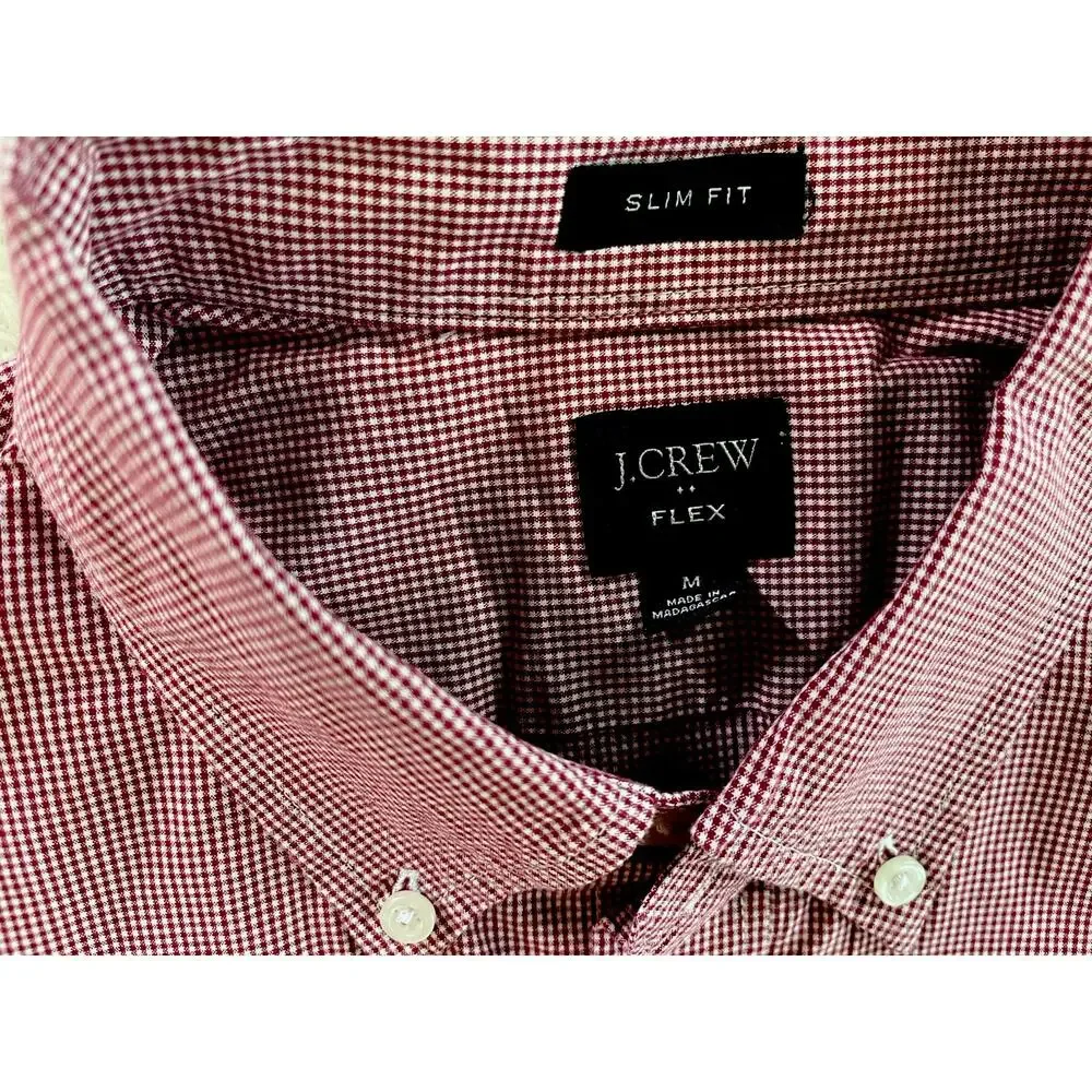 J Crew Shirt Mens Medium Burgundy Check Slim Fit Flex Button Down EUC